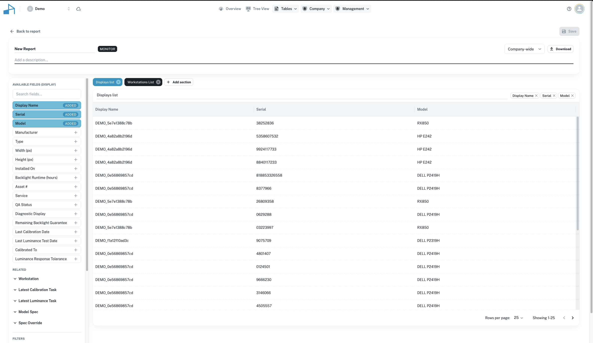 QAssist custom report builder showing selectable display fields such as display name, serial, and model for an on-demand report.