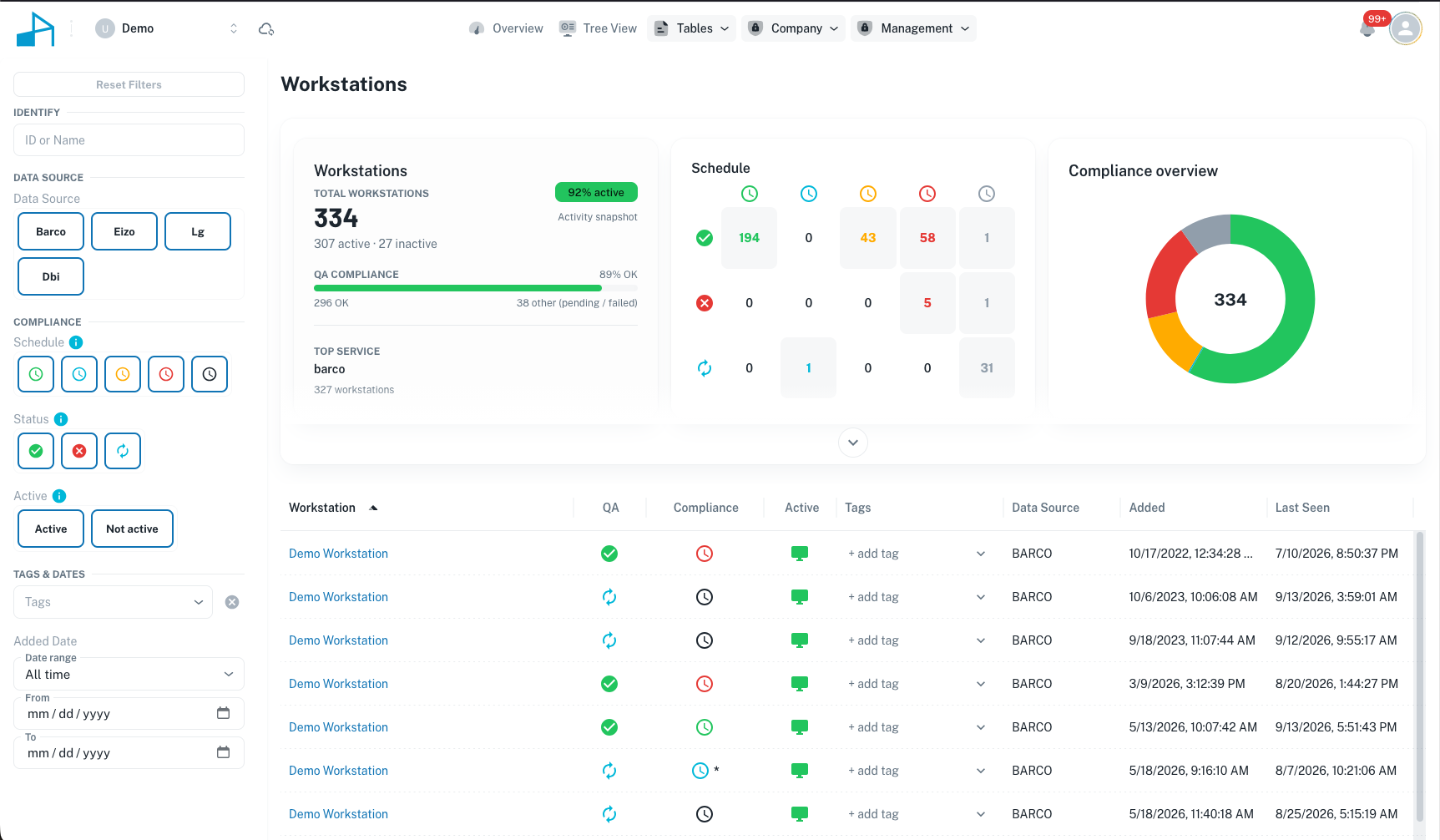 QAssist workstations list with filters for vendor, compliance state, activity, and tags, showing total workstations, an active and inactive snapshot, and per-workstation QA and compliance status.